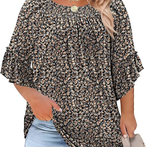 Women Plus Size Ruffle Sleeve Blouse in Black Floral, 5X-Large - Picture 1 of 5